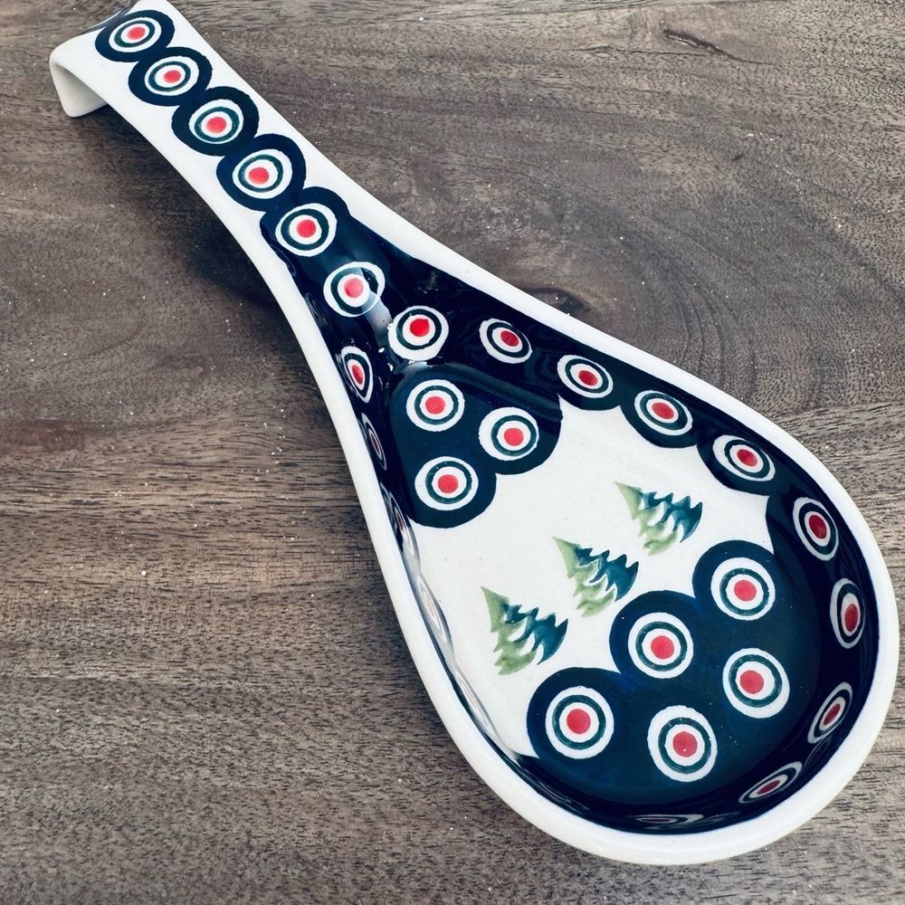 Polish Pottery Boleslawiec Christmas Peacock Circles Ceramic Spoon Rest